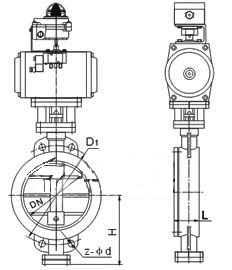 D673H、D673W型對夾式硬密封氣動蝶閥PN6~PN10外形結(jié)構(gòu)尺寸圖