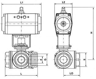 Q614F/Q615F型內(nèi)螺紋不銹鋼氣動(dòng)三通球閥主要結(jié)構(gòu)連接尺寸圖