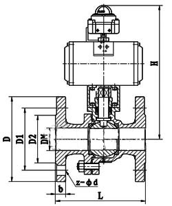 Q641F型法蘭兩片式氣動高平臺球閥PN16～PN25主要結(jié)構(gòu)連接尺寸圖