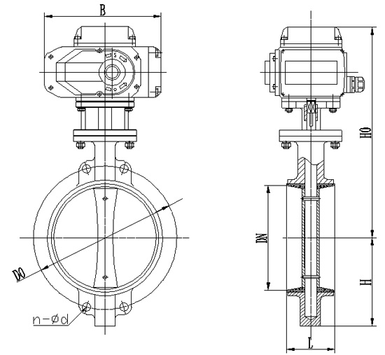 D971F對夾式電動調(diào)節(jié)蝶閥PN6~PN16主要外形結(jié)構(gòu)尺寸圖