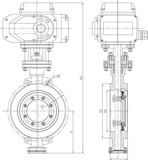 D973H三偏心硬密封電動蝶閥PN10～PN16主要外形連接尺寸圖